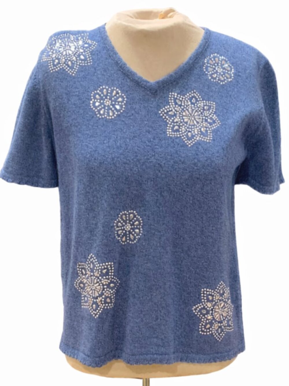 Alfred Dunner Petite Blue Embellished Ramie Cotton Blend Knit Top Size PS